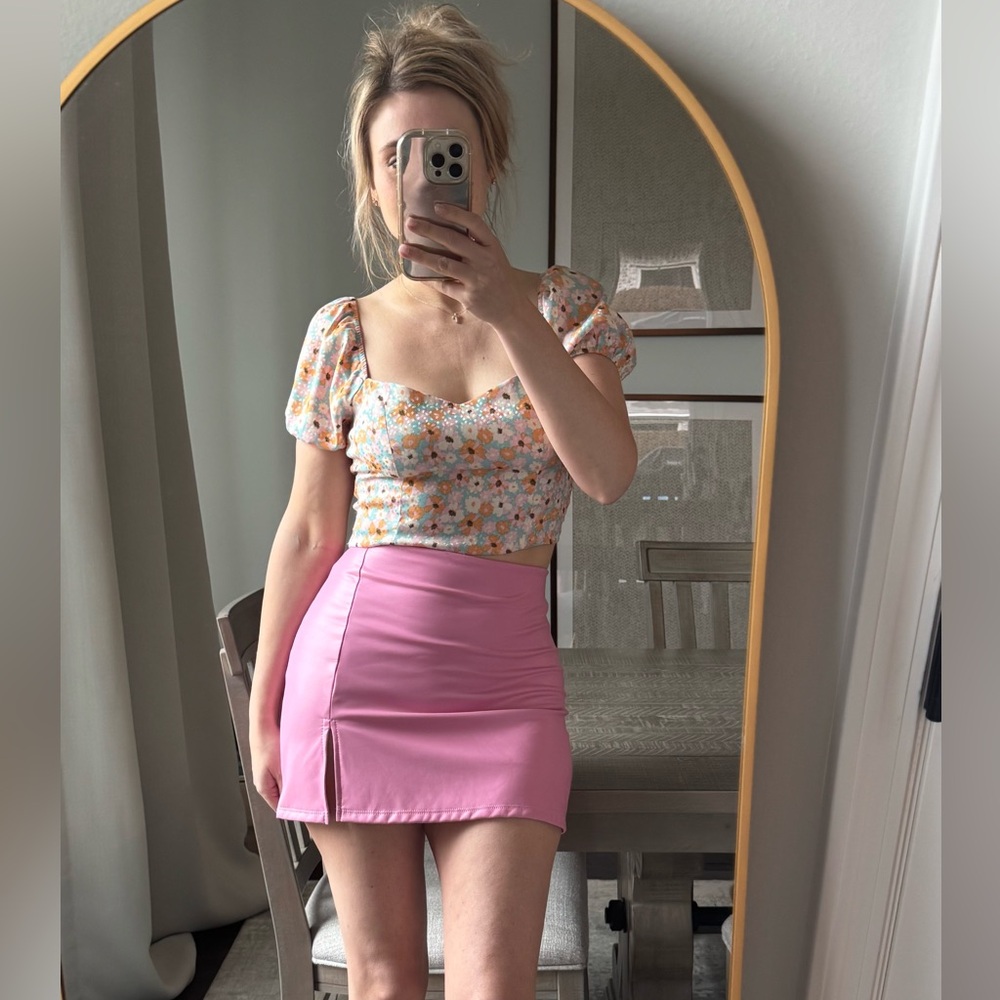 Pink Faux Leather Stretchy Mini Skirt - Picture 7 of 13